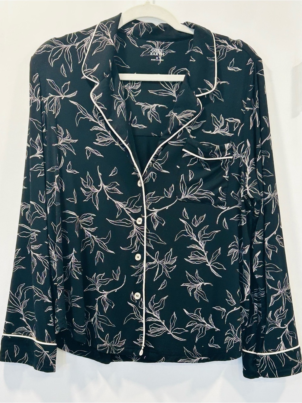 Cozy Earth Bamboo Black Floral PJ-Style Button Front Top with White Piping